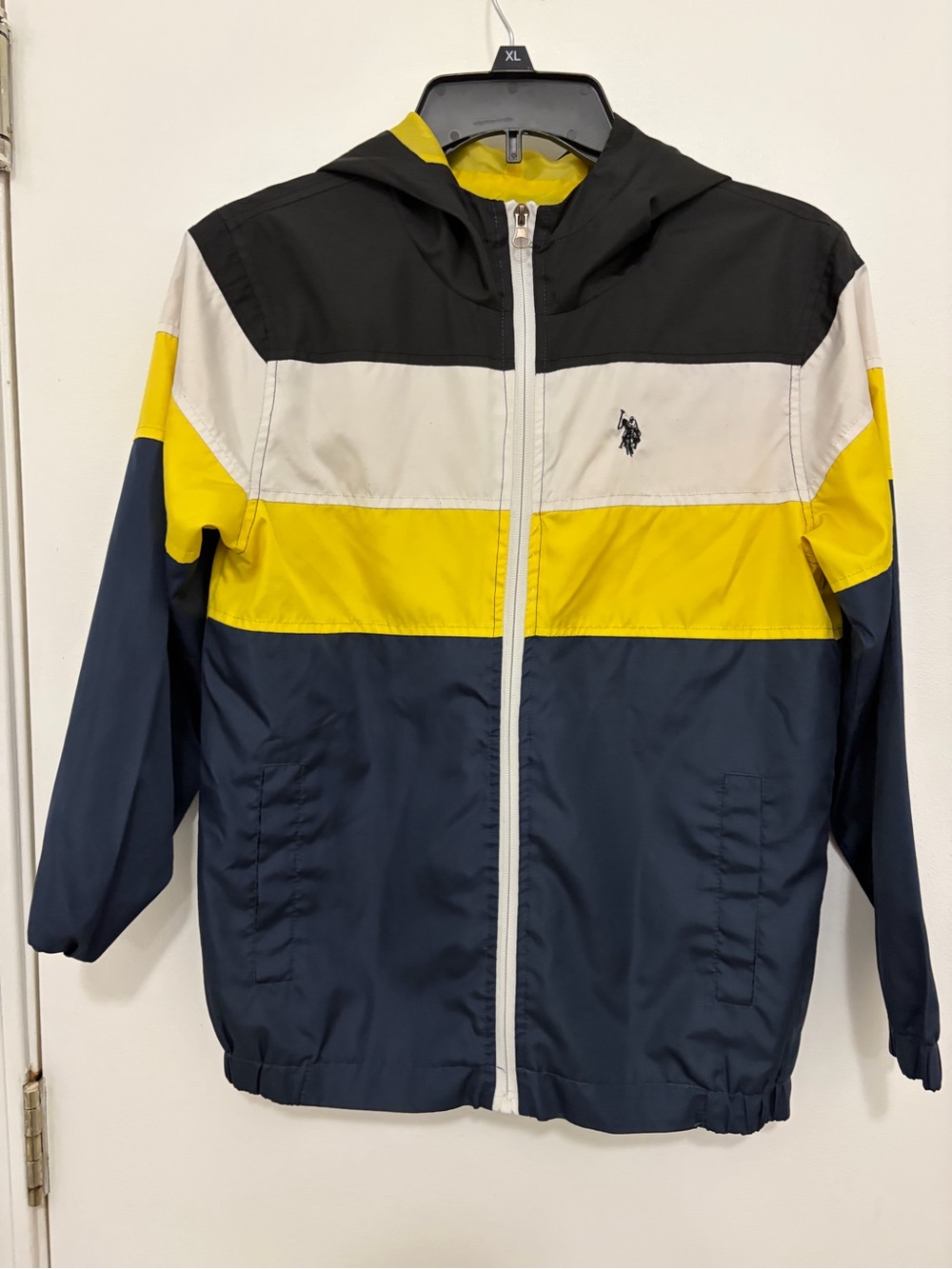 U.S. Polo Assn. Hooded Colorblock Rain Jacket — Black/White/Yellow/Navy